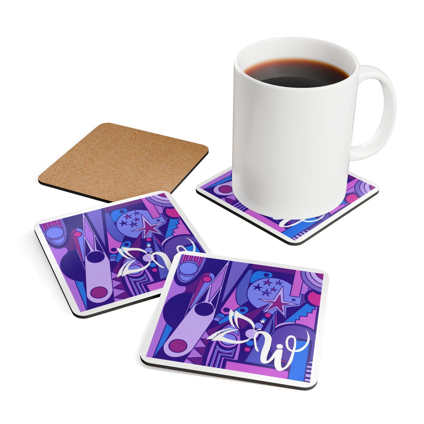WTH 4 Piece Set Artistic Corkwood Coaster Set - Colorful Abstract Design