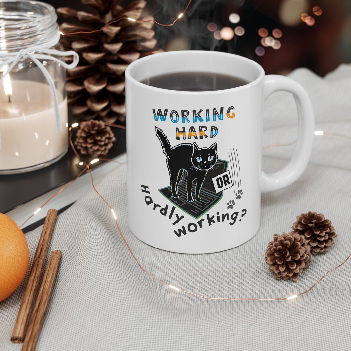 Working Hard Hardly Working Cat Mug. Ceramic Mug, (11oz, 15oz)