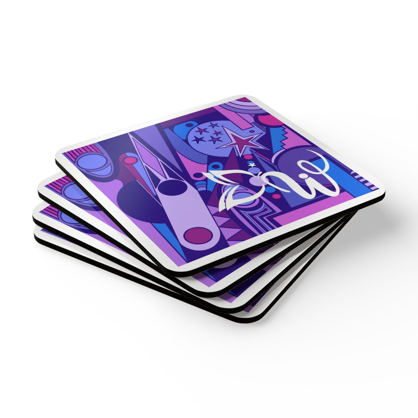 WTH 4 Piece Set Artistic Corkwood Coaster Set - Colorful Abstract Design