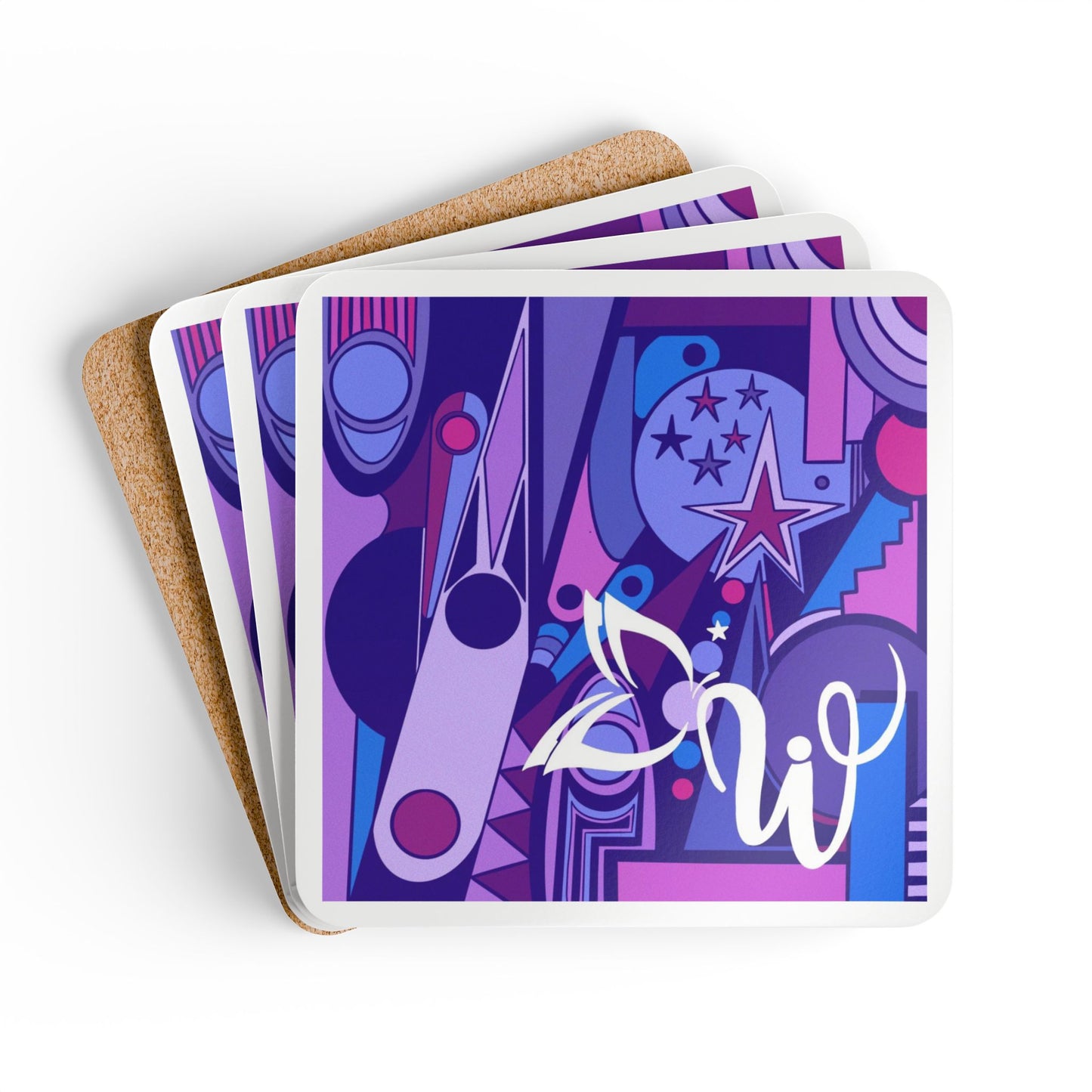 WTH 4 Piece Set Artistic Corkwood Coaster Set - Colorful Abstract Design