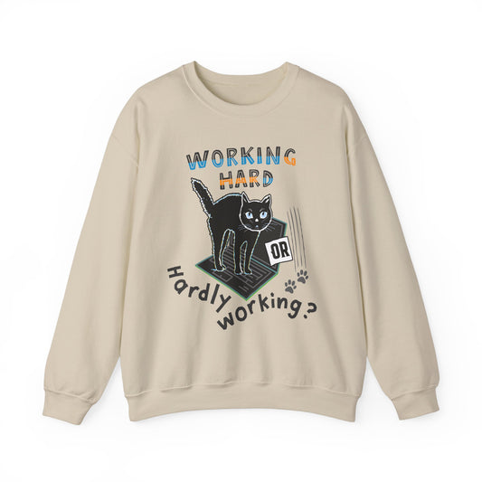 Working Hard Hardly Working Cat Sweatshirt. Unisex Heavy Blend™ Crewneck Sweatshirt