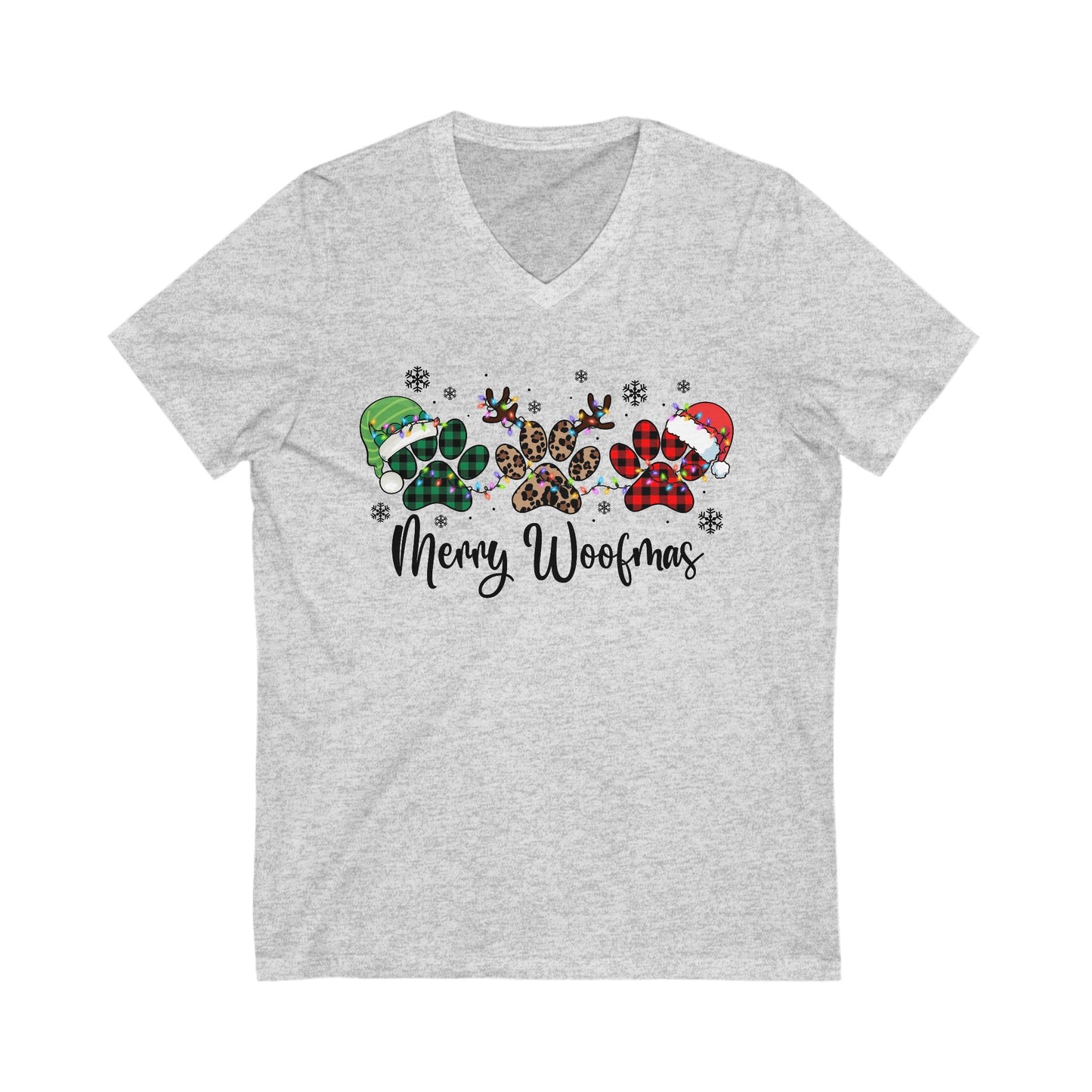 Merry Woofmas Christmas Pet Shirt. Unisex Jersey Short Sleeve V-Neck Tee