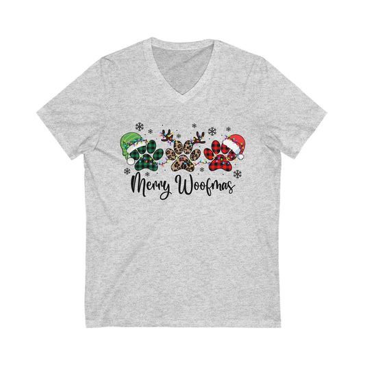 Merry Woofmas Christmas Pet Shirt. Unisex Jersey Short Sleeve V-Neck Tee