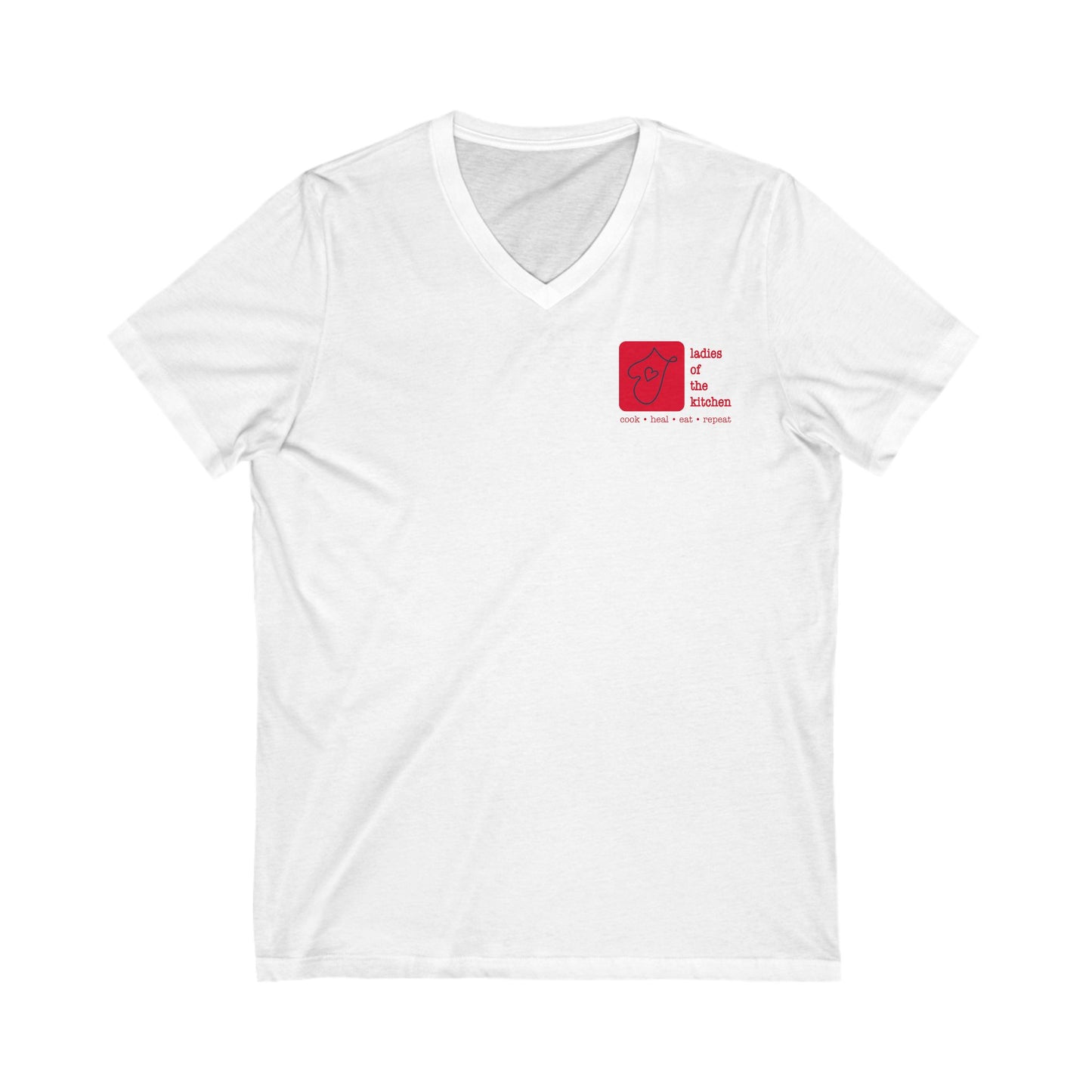 Ladies Of The Kitchen Small Logo Front. Unisex Jersey Short Sleeve V-Neck Tee