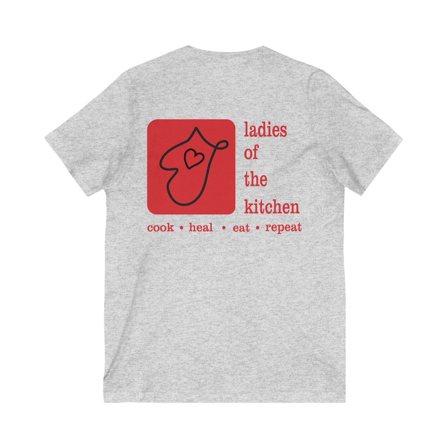 Ladies Of The Kitchen Small Logo Front. Unisex Jersey Short Sleeve V-Neck Tee