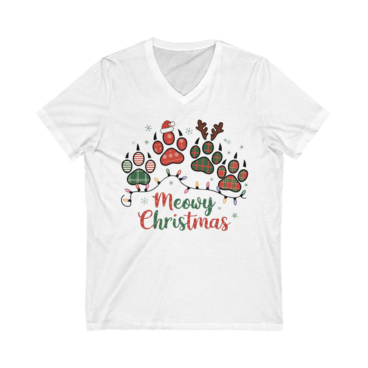 Meowy Christmas Shirt. Unisex Jersey Short Sleeve V-Neck Tee