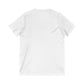 She whispered I am the storm - white print. Unisex Jersey Short Sleeve V-Neck Tee