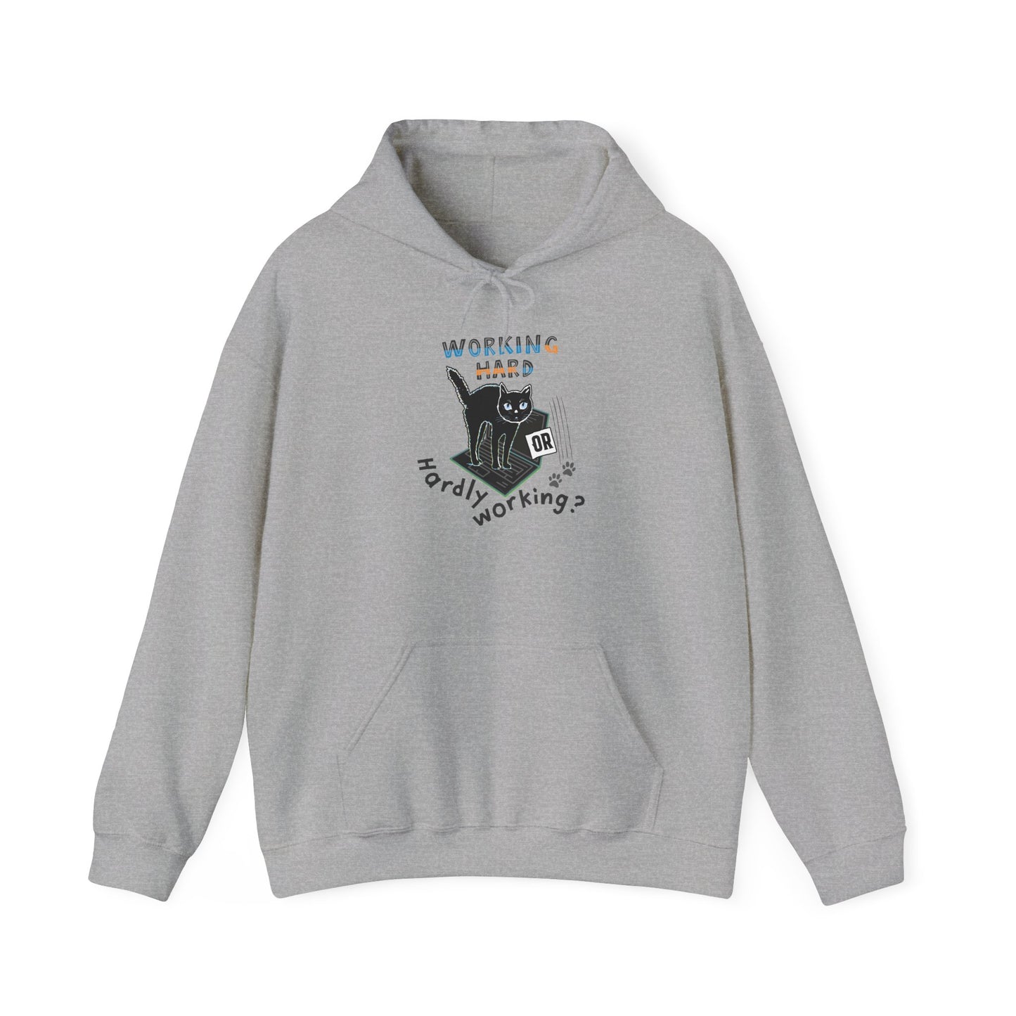 Working Hard Hardly Working Cat Hoodie. Unisex Heavy Blend™ Hooded Sweatshirt