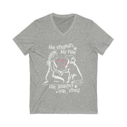 Her Strength My Paw Her Journey Out Story Dog White Print. Unisex Jersey Short Sleeve Tee