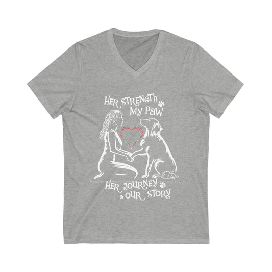 Her Strength My Paw Her Journey Out Story Dog White Print. Unisex Jersey Short Sleeve Tee