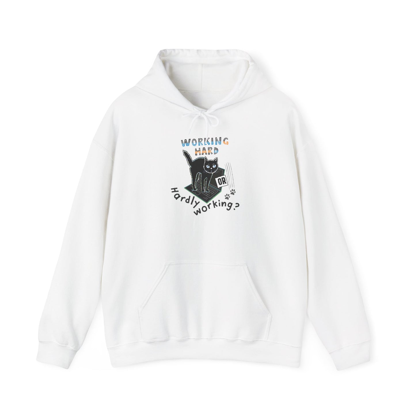 Working Hard Hardly Working Cat Hoodie. Unisex Heavy Blend™ Hooded Sweatshirt