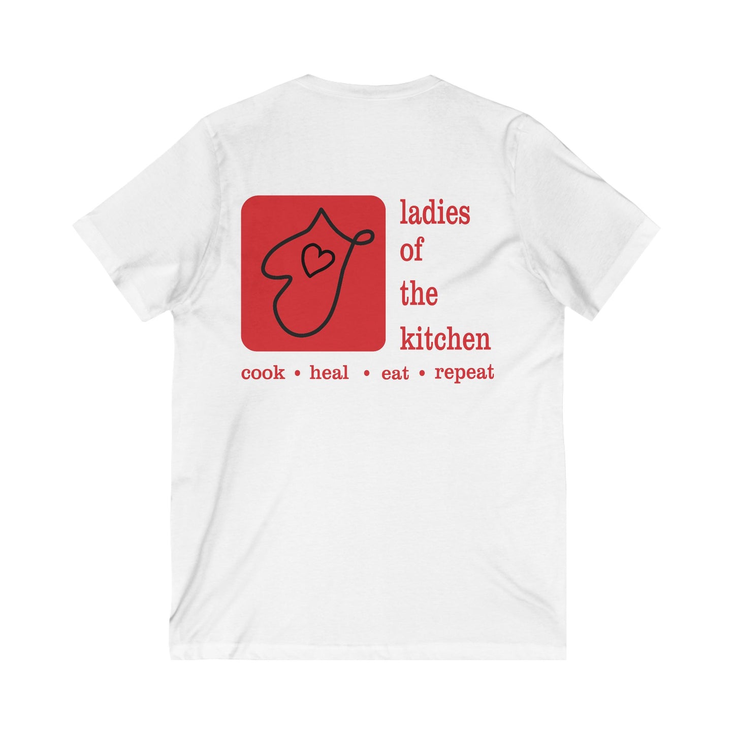 Ladies Of The Kitchen Small Logo Front. Unisex Jersey Short Sleeve V-Neck Tee