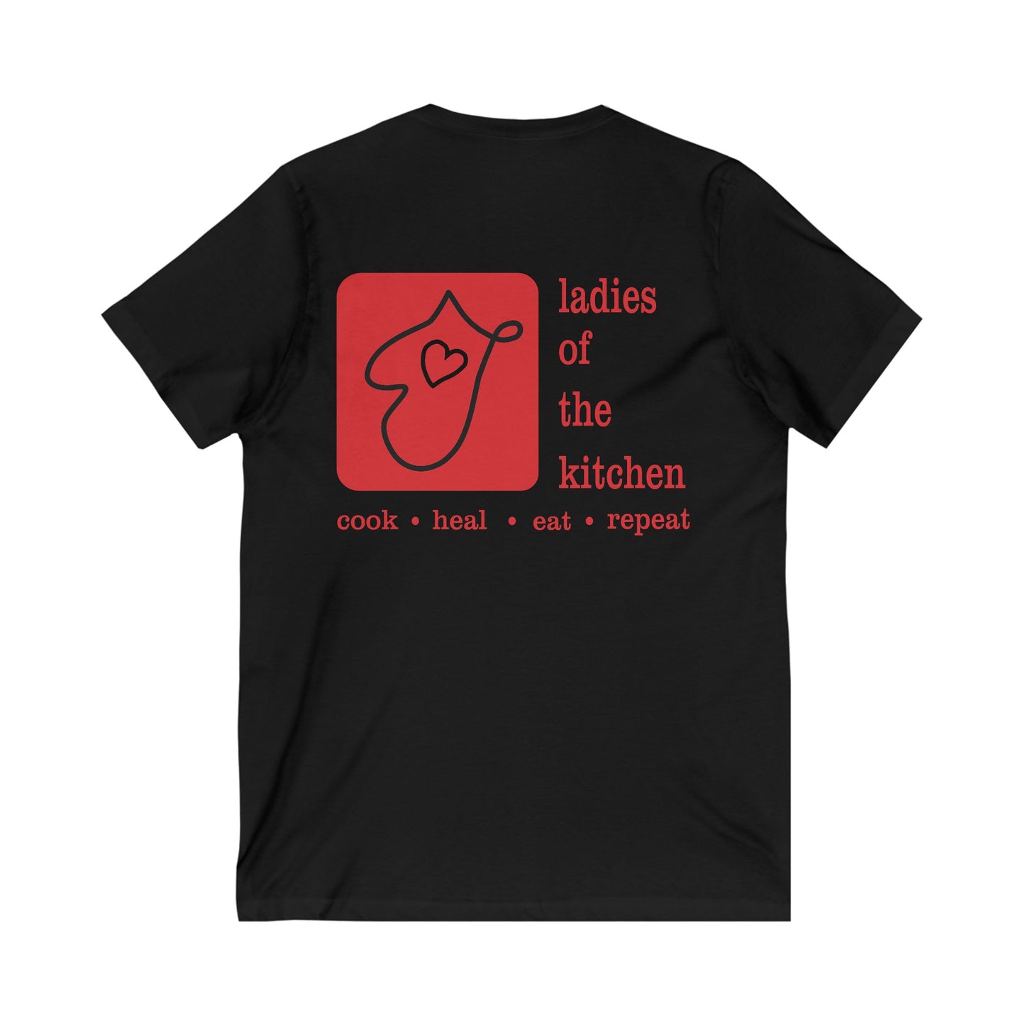 Ladies Of The Kitchen Small Logo Front. Unisex Jersey Short Sleeve V-Neck Tee