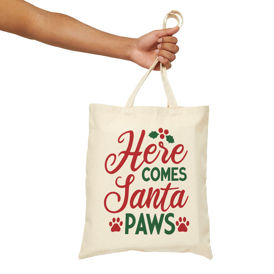 Here Comes Santa Paws Bag. Cotton Canvas Tote Bag