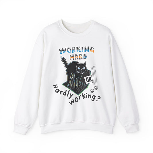 Working Hard Hardly Working Cat Sweatshirt. Unisex Heavy Blend™ Crewneck Sweatshirt