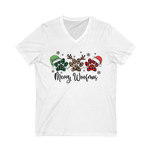 Merry Woofmas Christmas Pet Shirt. Unisex Jersey Short Sleeve V-Neck Tee