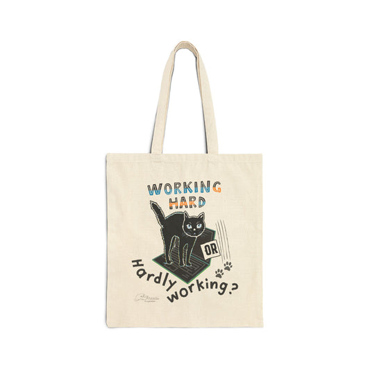 Working Hard Hardly Working Cat Bag. Cotton Canvas Tote Bag