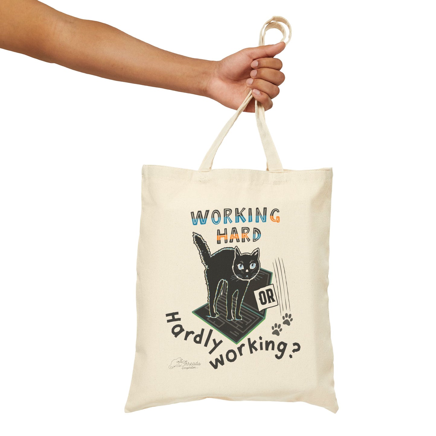 Working Hard Hardly Working Cat Bag. Cotton Canvas Tote Bag